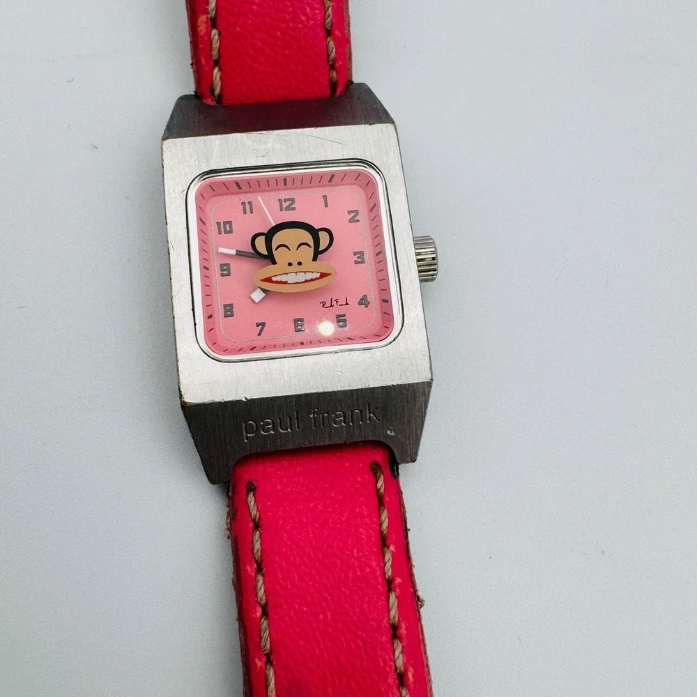 Rare Paul Frank Watch Julius Monkey Face Dial Pink Leather Band Japan Movement